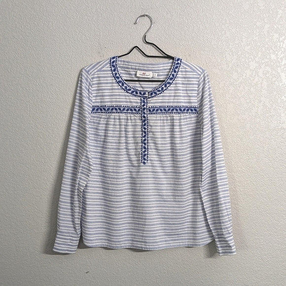 Vineyard Vines Woman Blue White Striped Long Sleeve Top Blouse Embroidery M - Picture 2 of 11